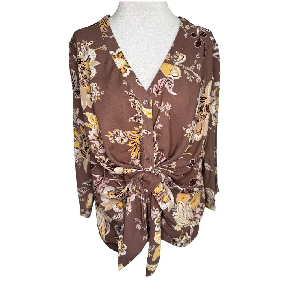 New York & Company 7th Avenue Floral Blouse Tie Front Long Sleeve Top Size Small